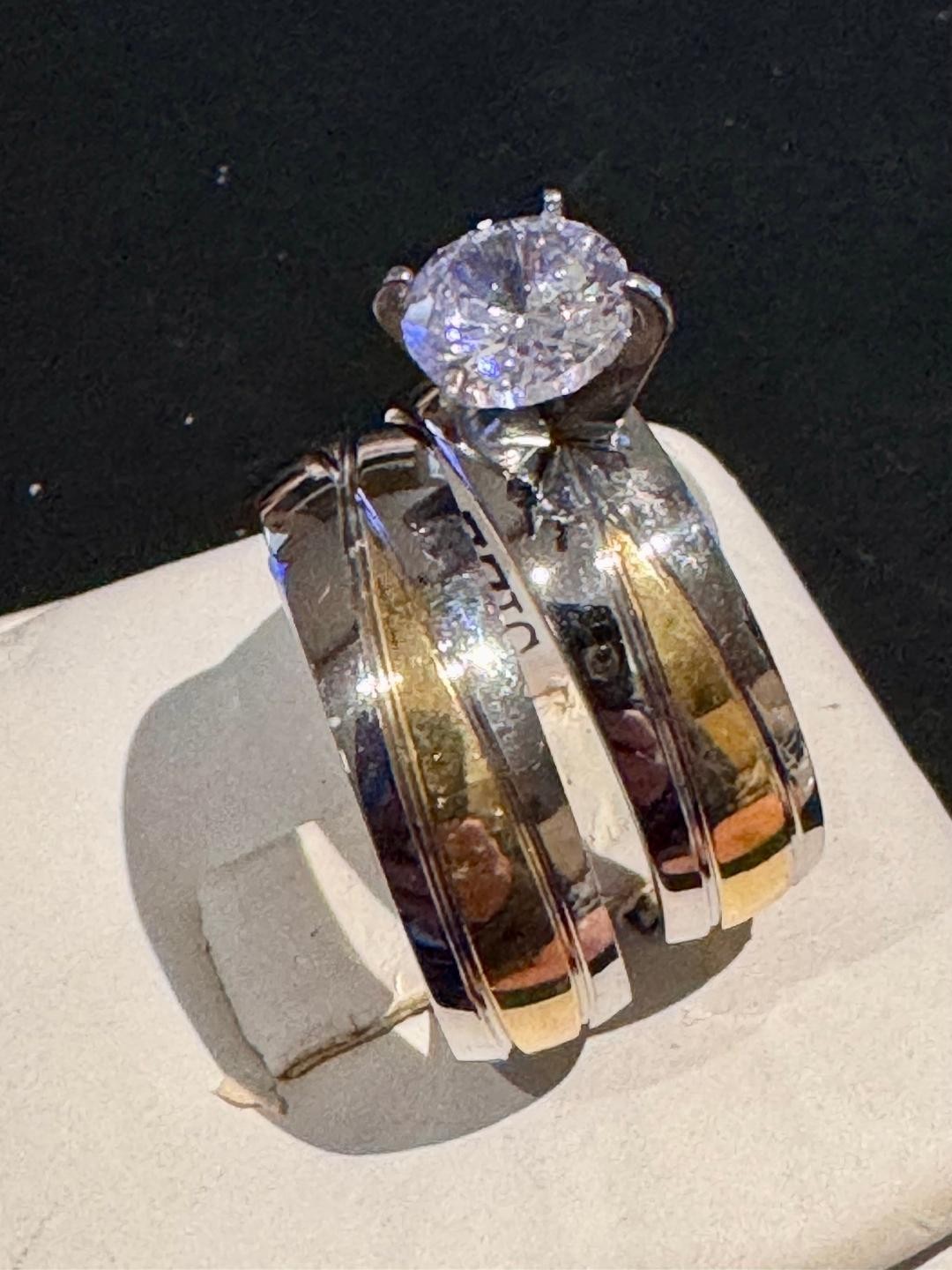 Beautiful Two Toned Stainless Steel CZ Wedding Set Size 8