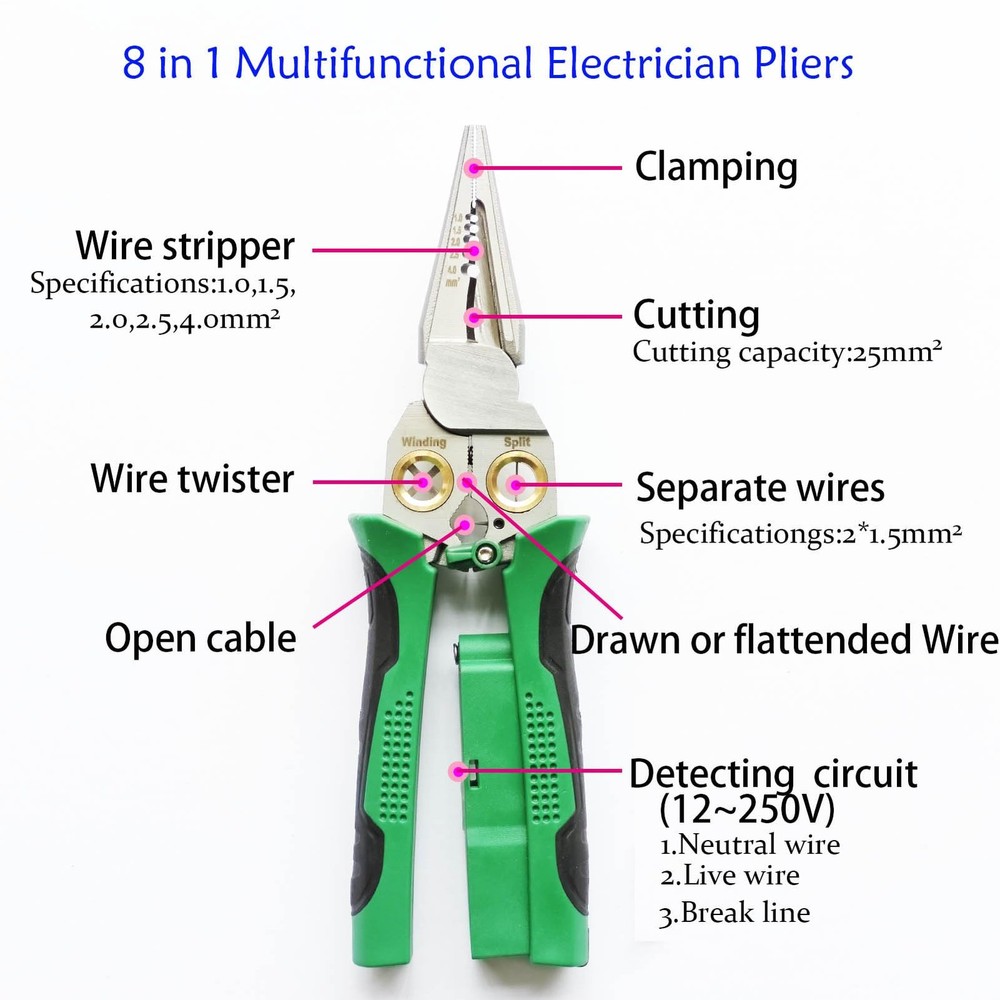 prtsrc 8 in 1 Electrical Wire Stripper With Voltage Tester Green