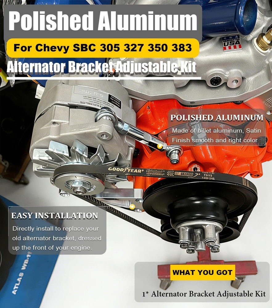 Chevy SBC Adjustable Billet Alternator Mounting Bracket Kit