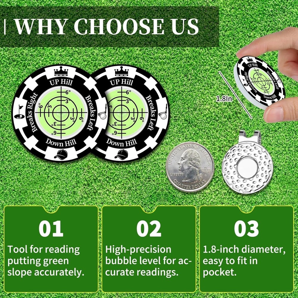 Golf Green Reader 2 Pack Golf Ball Marker Hat Clip High Precision Bubble Putting