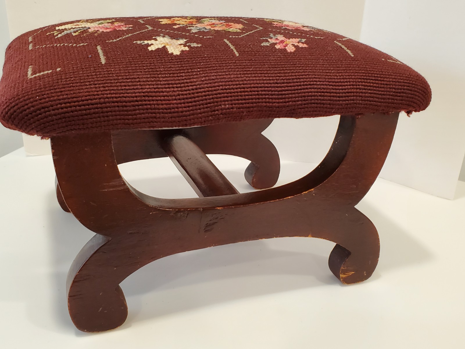Vintage Needlepoint Foot Stool Ottoman Floral Burgundy Mahogany base