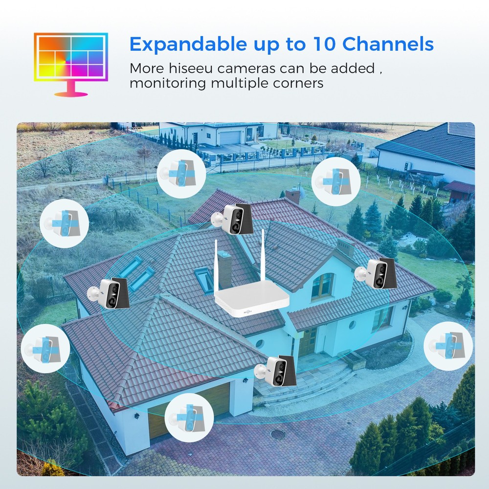 Hiseeu 10CH Solar Battery Powered 4MP Wireless Security Camera System 2Way Audio