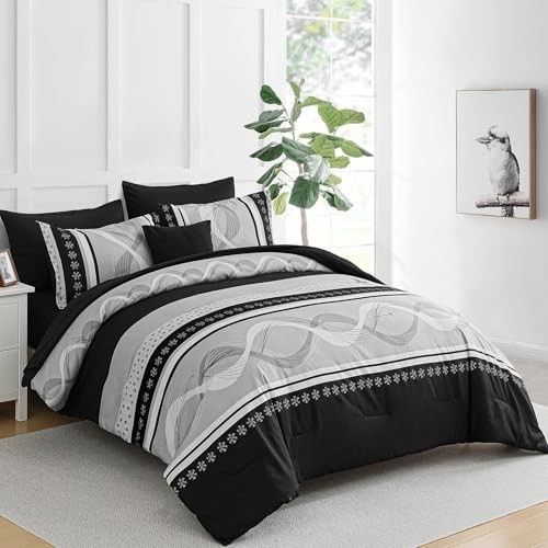 Comforter Set Size,8 Pieces Boho Bed in a Bag Patchwork Striped King Black
