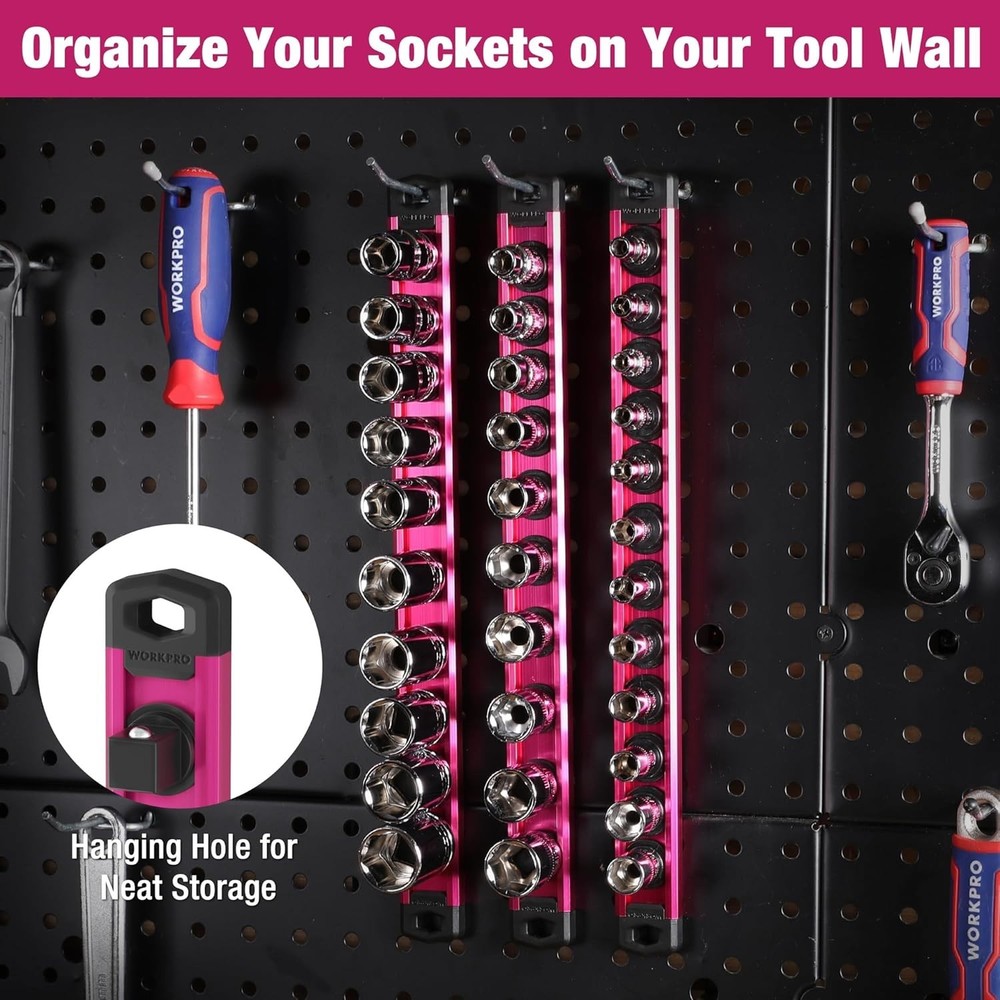 Efficient Magnetic Socket Rail - Includes 10 Rotatable Clips for 3/8-Inch Drives