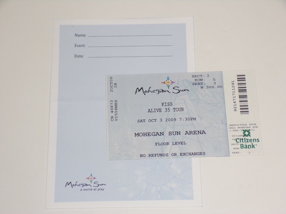 KISS Full Ticket Stub 2009 Alive 35 Concert Tour Mohegan Sun CT Vintage Kiss