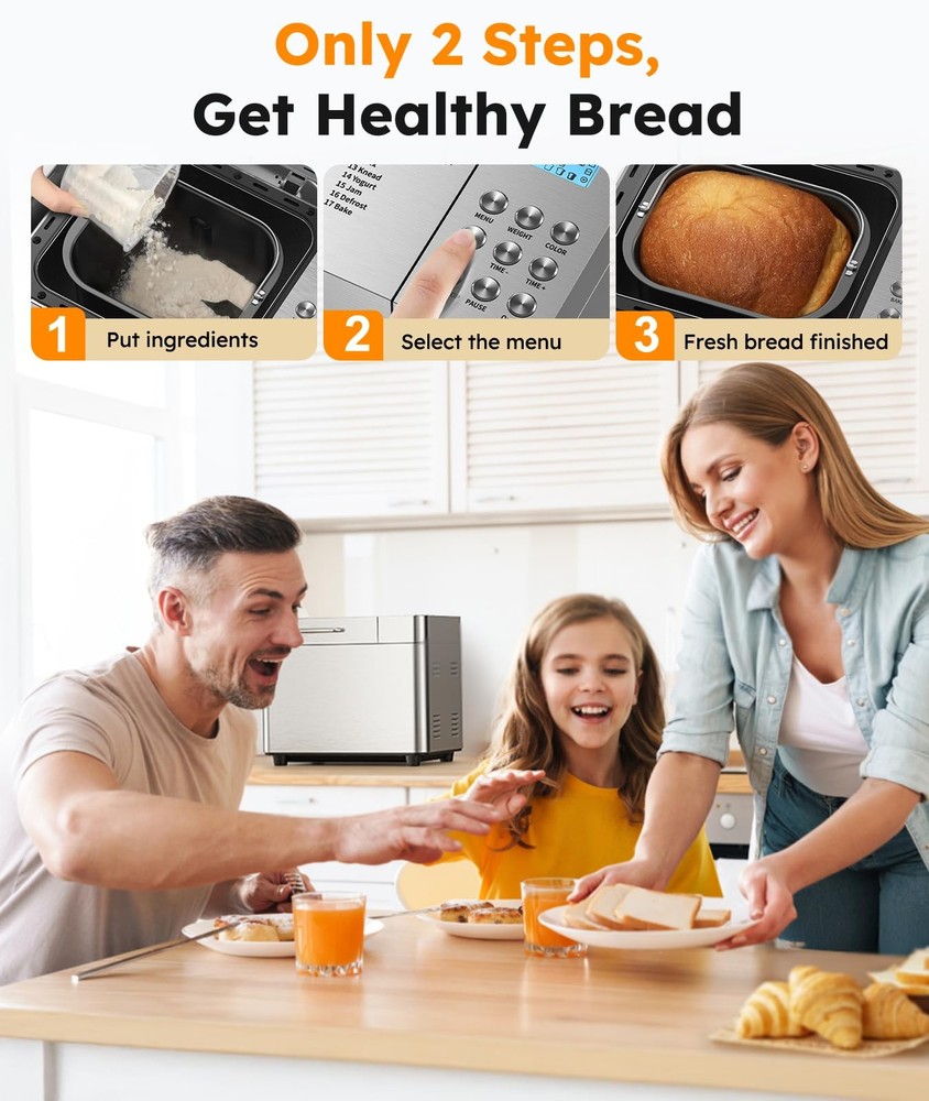 2LB Bread Maker Machine, 17 in 1 Automatic Stainless Steel Bread Machine, Non...
