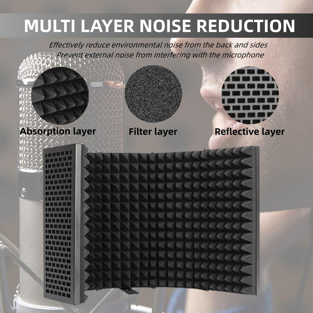 Microphone Isolation Shield with Pop Filter & Stand and Phone Clip, Foldable Tri