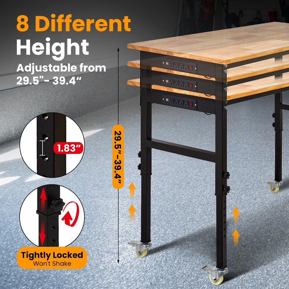 60" Adjustable Workbench w/Wheels & Power Outlets, 2000Lbs Work Table for Garage