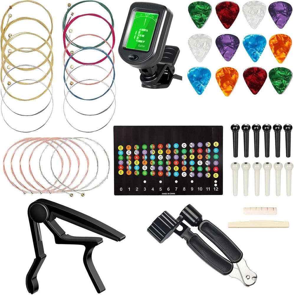 Kit accesorios guitarra acustica 40/48pcs cuerdas puas capo pines afinador basic