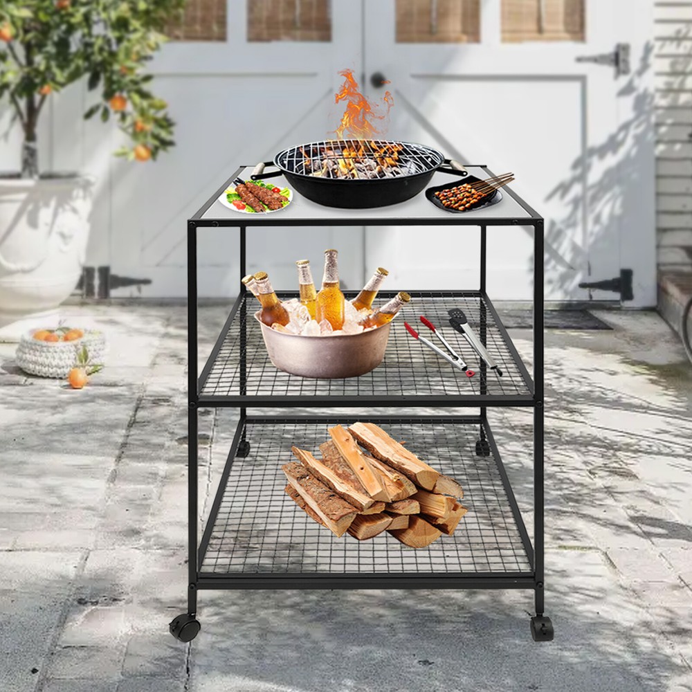 Movable Dining Cart Outdoor BBQ Food Prep Table Kitchen Serving Table 3 Tier