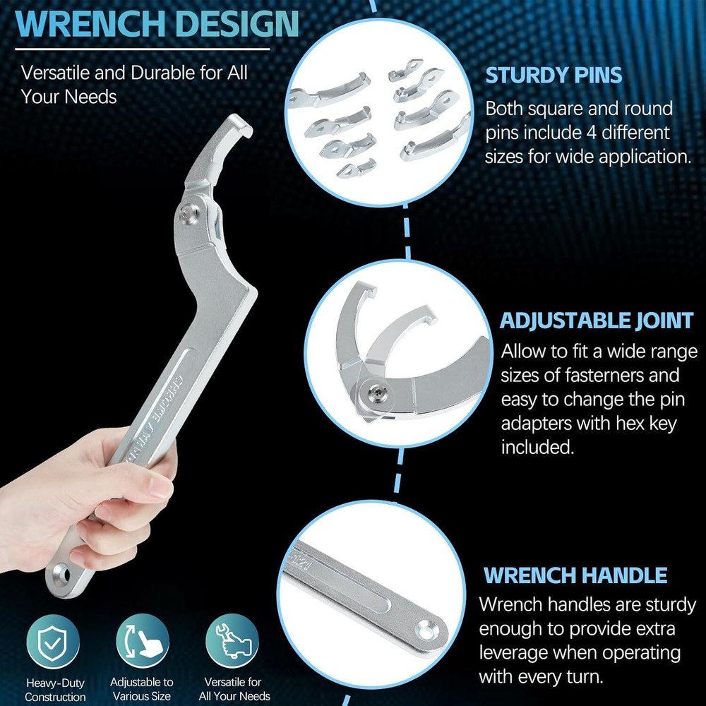 Adjustable Pin Spanner Wrench Tool Set, Coilover Hook Wrench w/ Changeable Heads