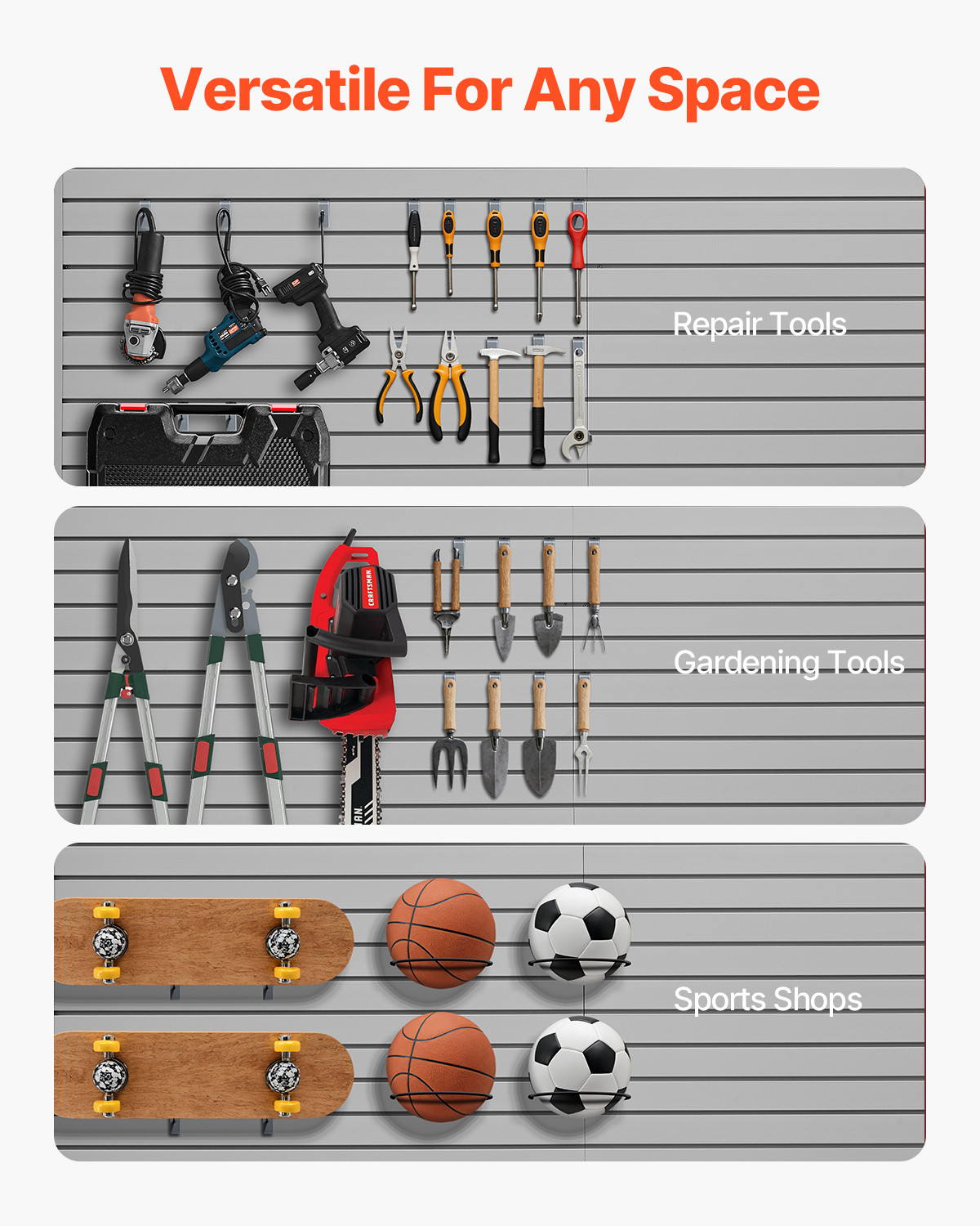 VEVOR 8 x 4 ft Slat Wall Paneling PVC Grey Garage Slatwall with Accessories