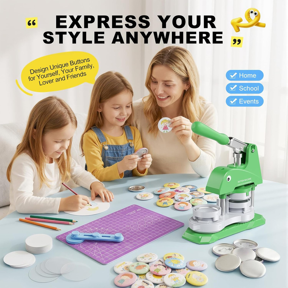 Button Maker Machine 3 Sizes, DIY Pin Making Machine 1+1.25+2.25 Inch, Interchan