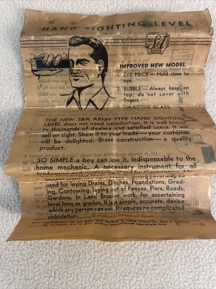 Vintage Swift & Anderson Hand Sighting Level Instruction Sheet & Partial Box