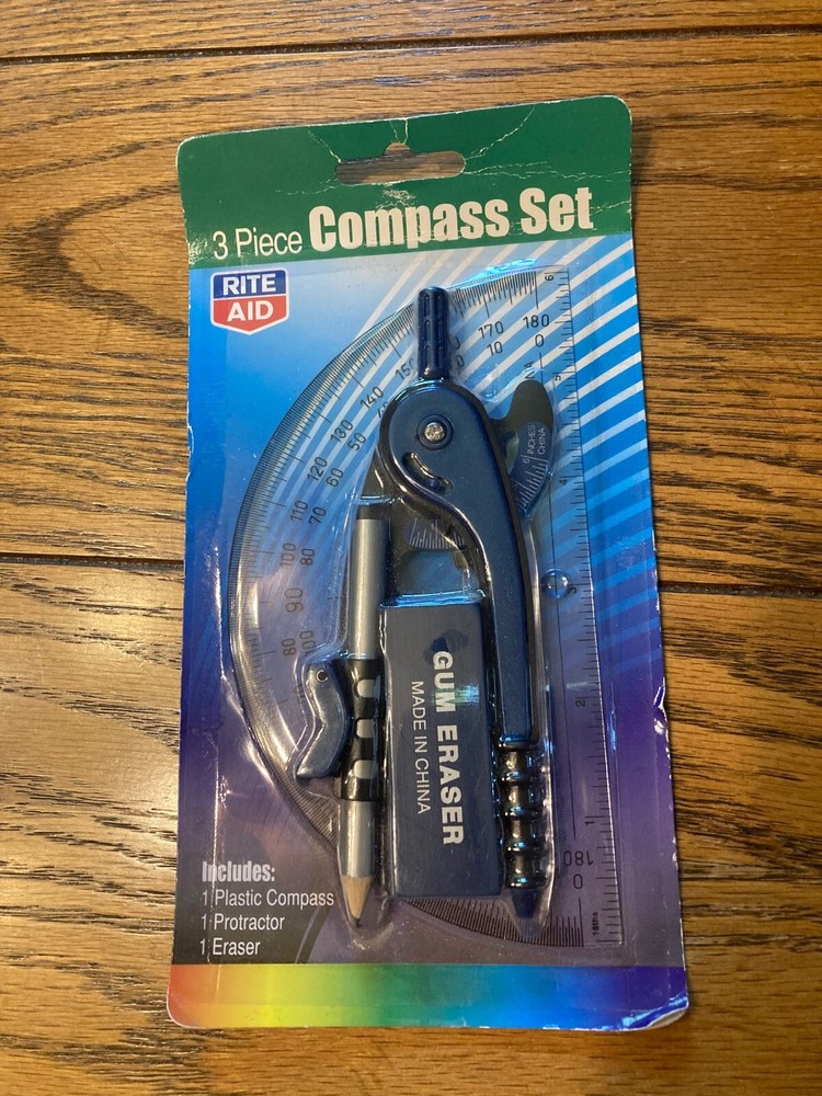 3 Piece Compass Set - Plastic Compass, Protractor, Eraser - New