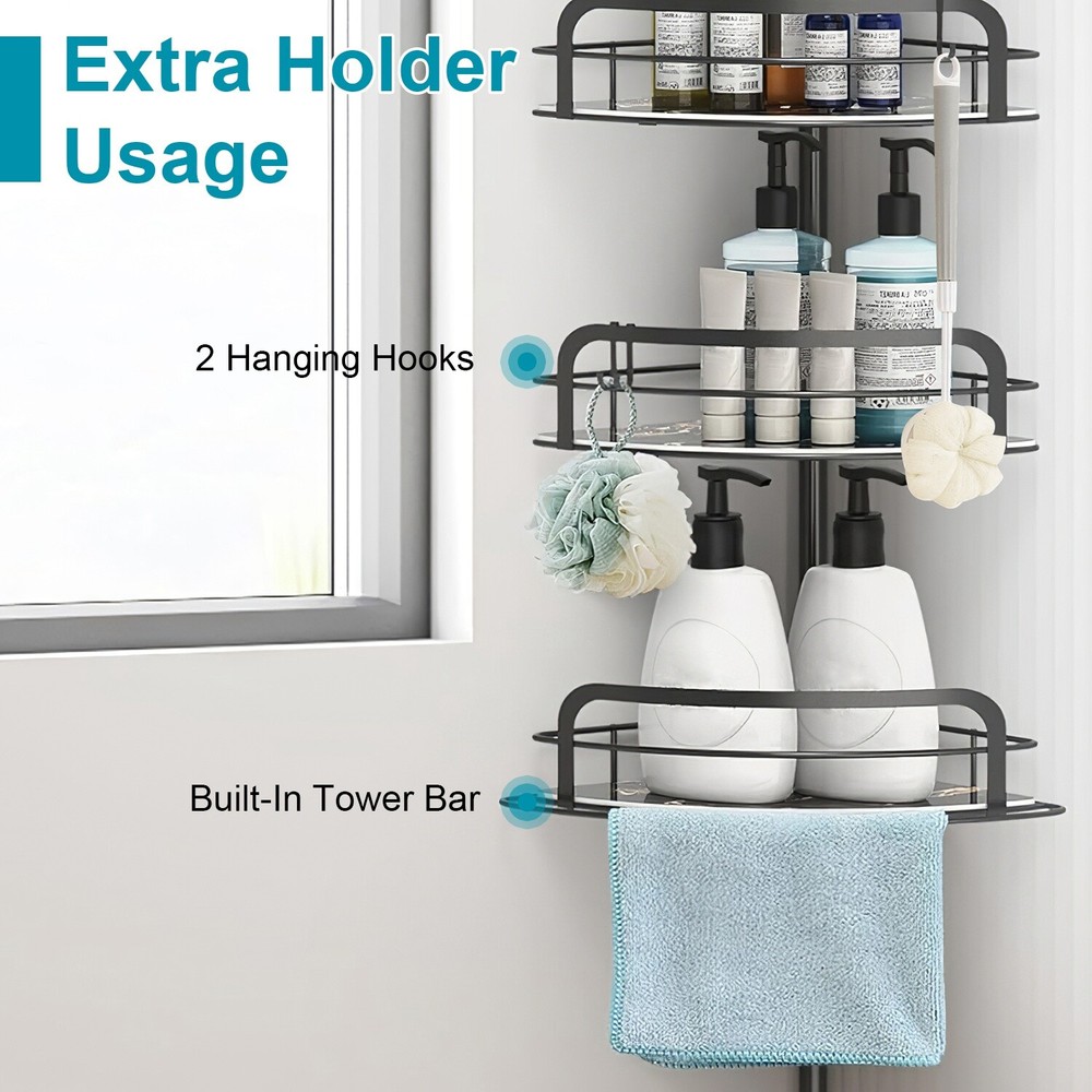 Adjustable Corner Shower Caddy with 4 Shelves & Hooks Tension Pole Organizer