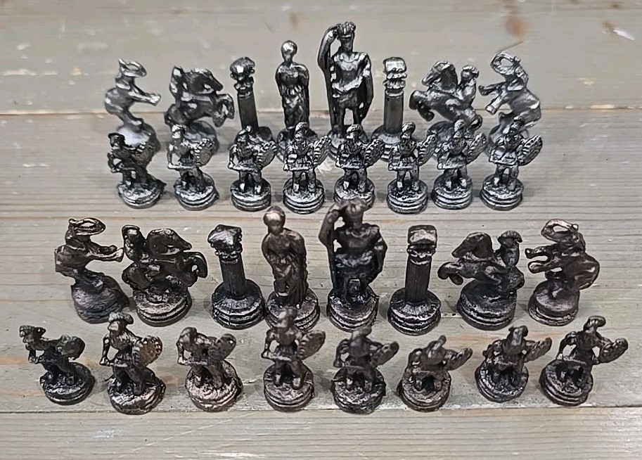 Solid Cast Metal Roman Chess Pieces - Complete 32pc Set - Elephant Rooks