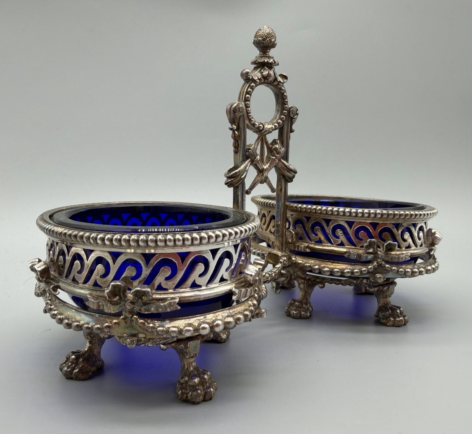 Belgian .900 Silver Double Salt Cellar with Cobalt Glass Liners, 334 grams