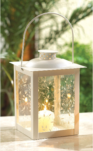 LARGE WHITE LANTERN - 8" HIGH - METAL & GLASS