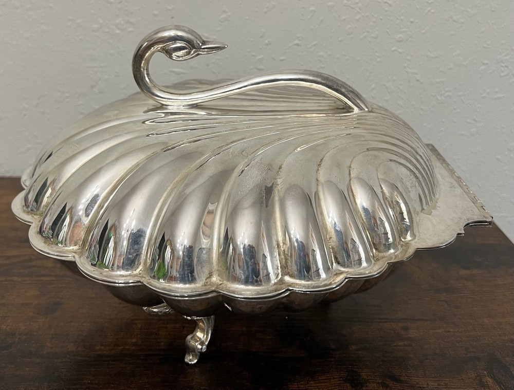 Leonard Silverplate Clam Shell Swan Handle Silver Plated Double Server Warmer