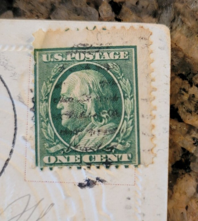 BENJAMIN FRANKLIN 1 Cent Stamp New Year Embossed Postcard 1911 Post Marked