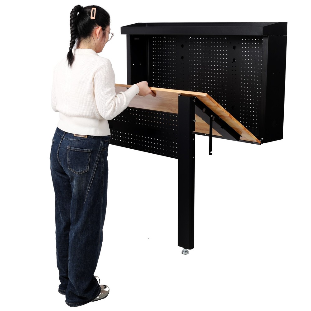 Wall Mounted Foldable Workbench, Space-Saving Rubberwood Top with Tool Pegboard