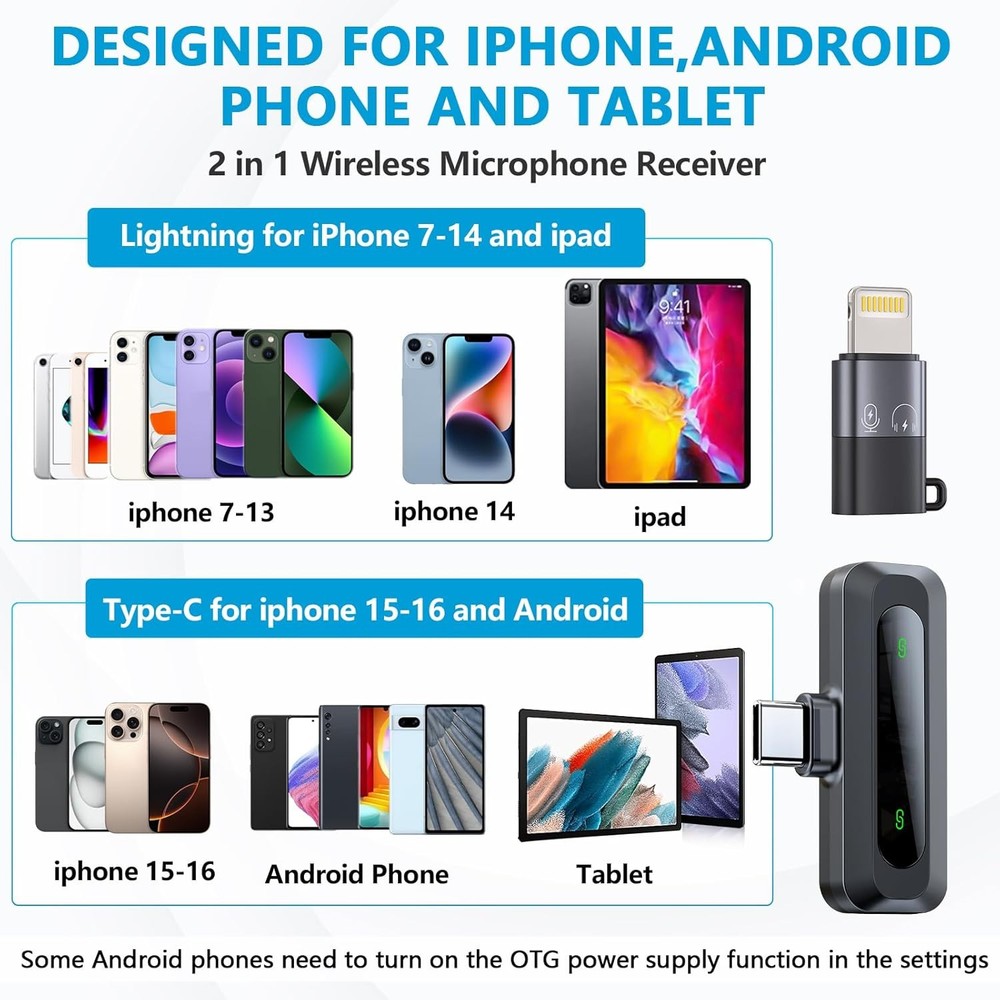 Wireless Microphone Mini Mic for Iphone/Android Phone, LED Display Lavalier Micr