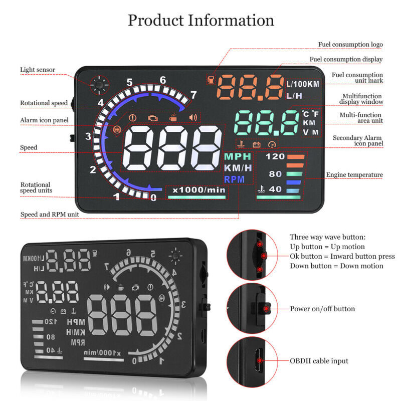 Car Digital OBD2 Speedometer Head Up Display Overspeed Tired Speed Temp Warning