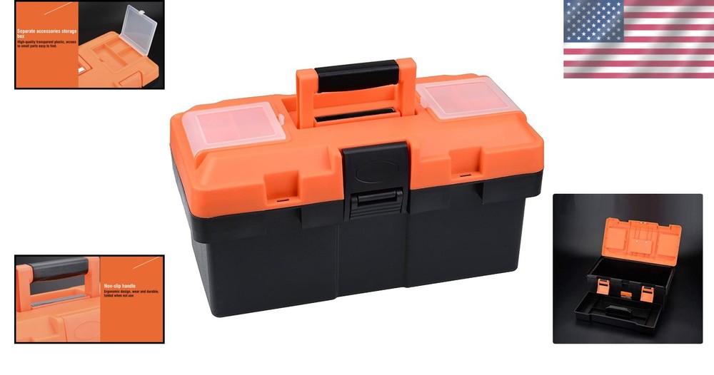 Durable Heavy Duty Plastic Tool Box 14” with Removable Organizer & Secure Lock