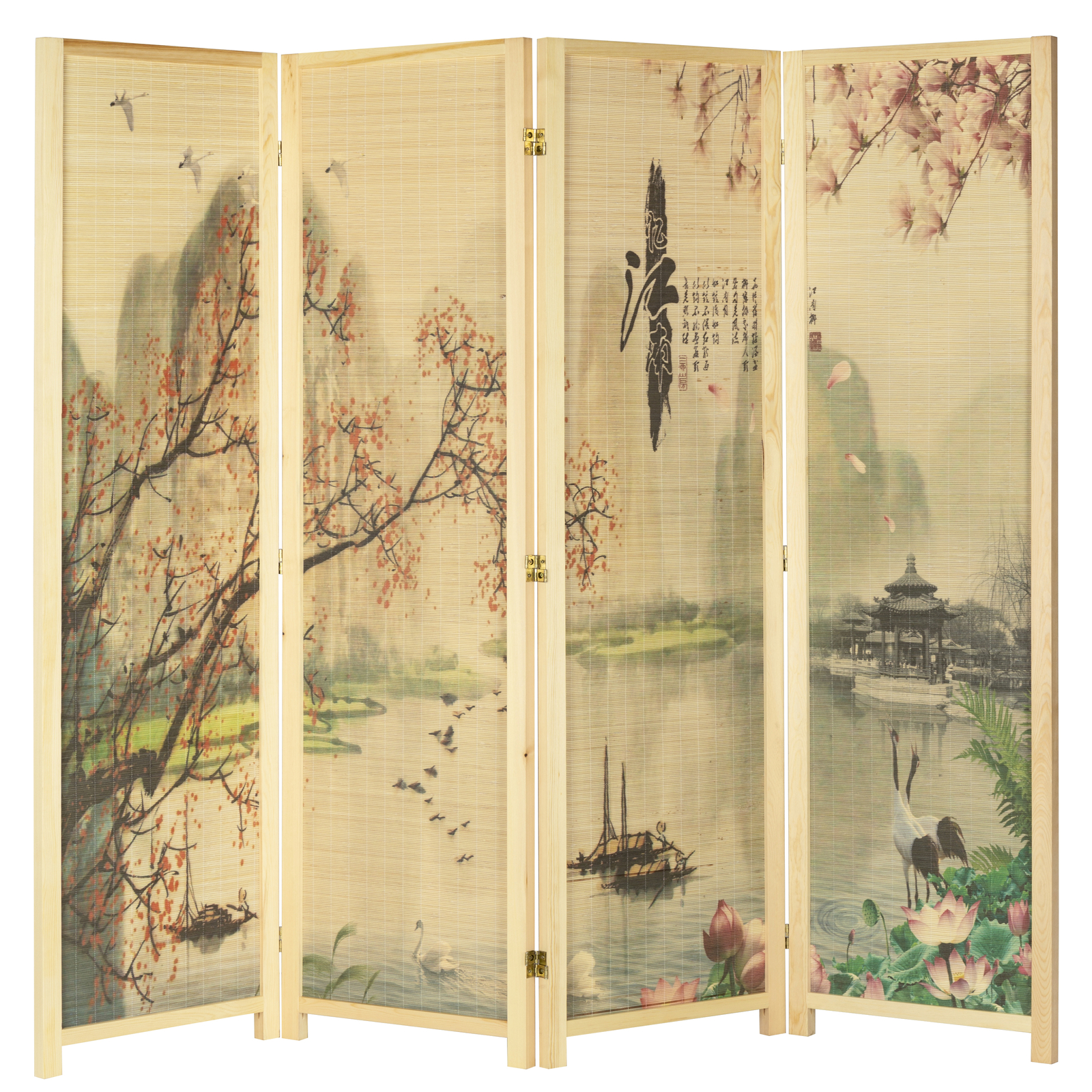 Asian-Inspired Bamboo-Screen 4-Panel Room Divider with Cherry Blossom Scene
