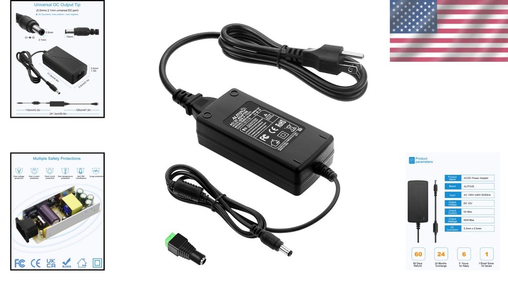 Versatile 12V 5A Power Adapter with Safety Features for Electronics - Indoor Use