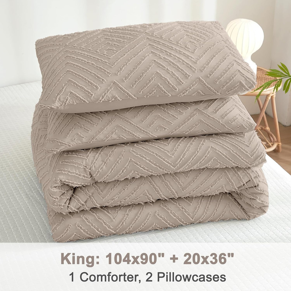 King Size Light Coffee Tufted Boho Comforter Set, 3 Pieces
