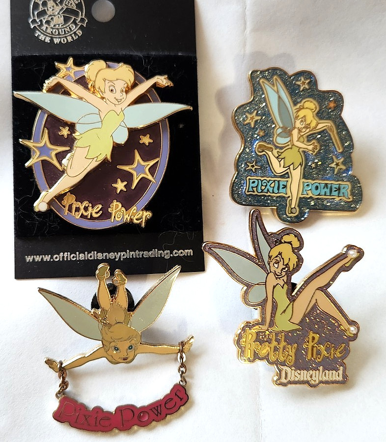 4 Disney Pins TINKER BELL PIXIE POWER and PRETTY PIXIE Glitter/pin on pin/Dangle