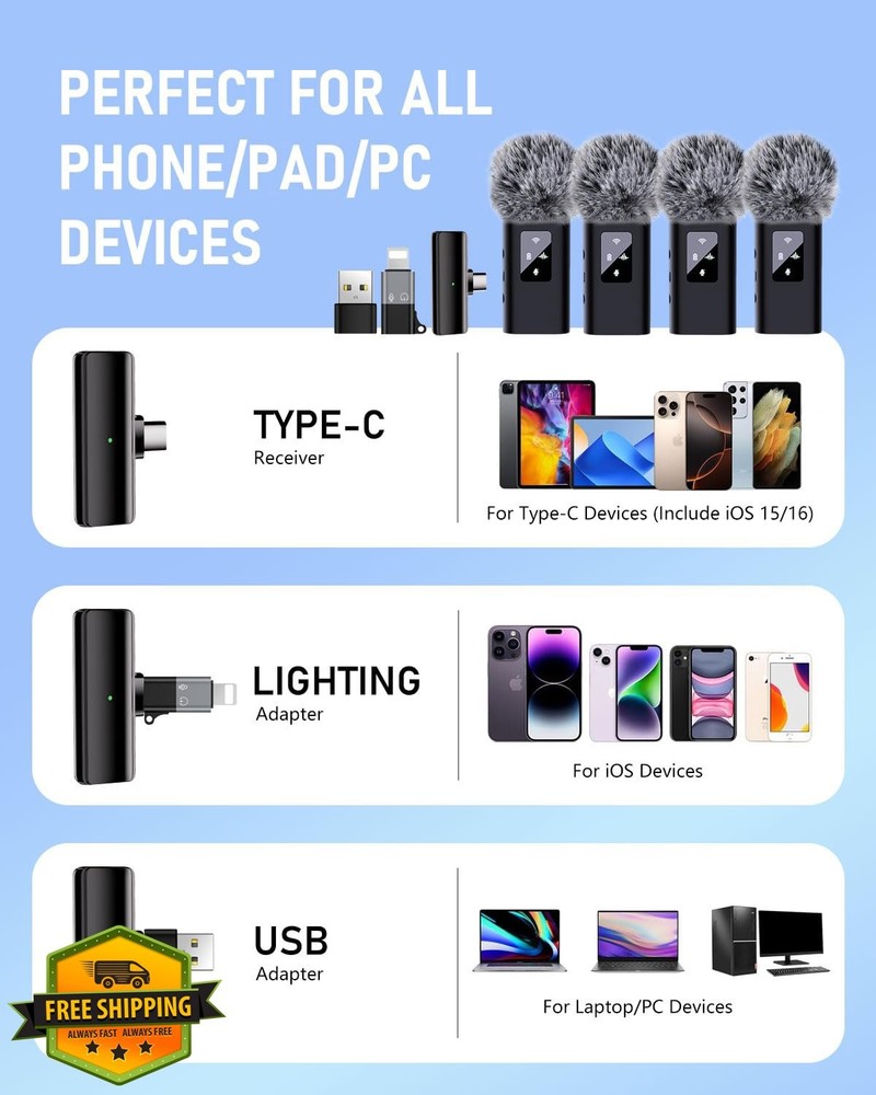 ZERFUN 4 Wireless Lavalier Mics for iPhone Android