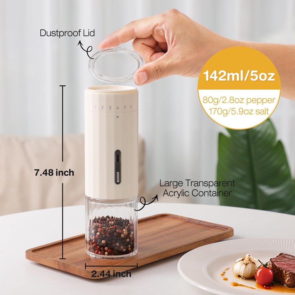 6 Level External Adjustable Pepper Grinder Rechargeable Salt Grinder -Quick C...