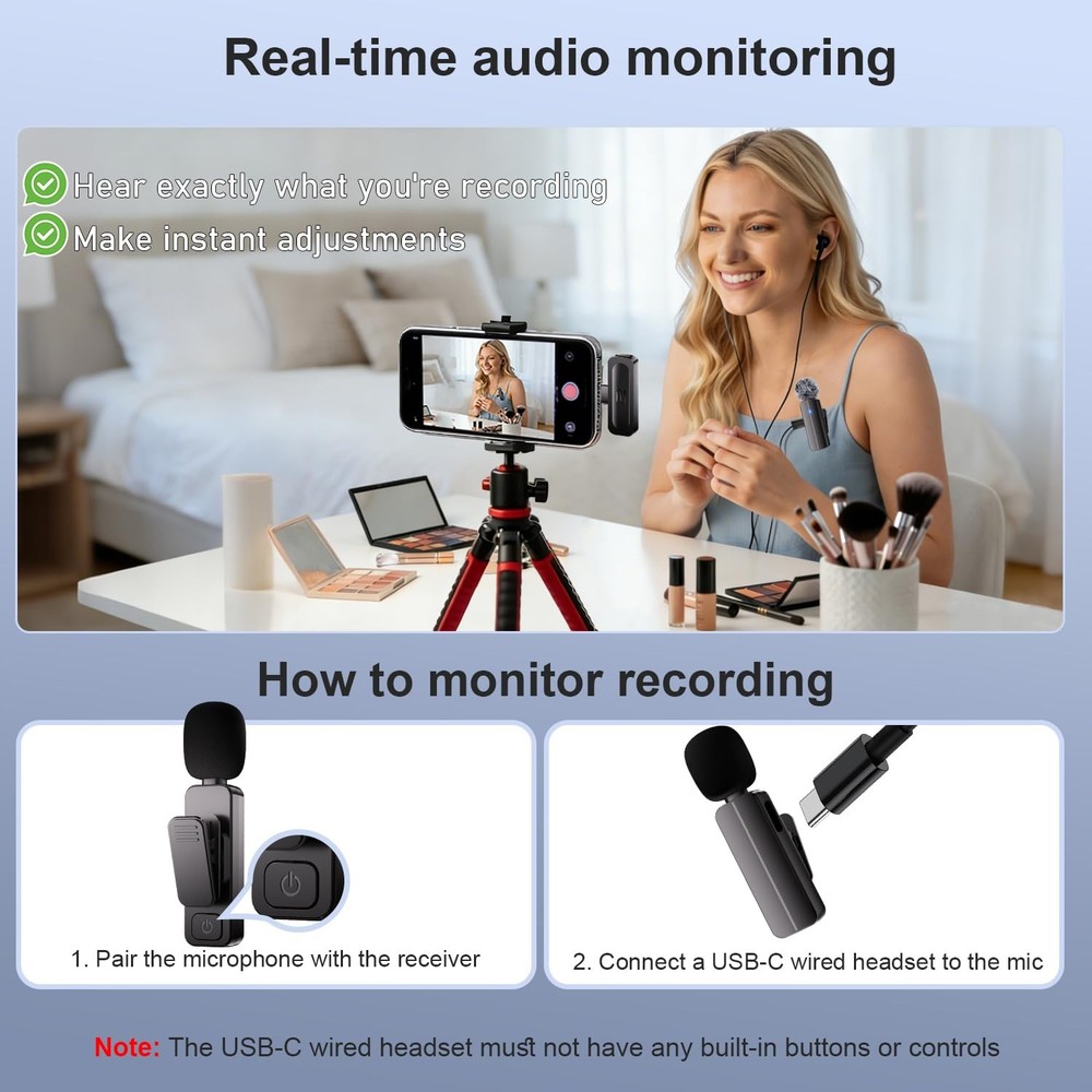 2-Pack Wireless Mini Lavalier Lapel Microphone for Full, Flat Black