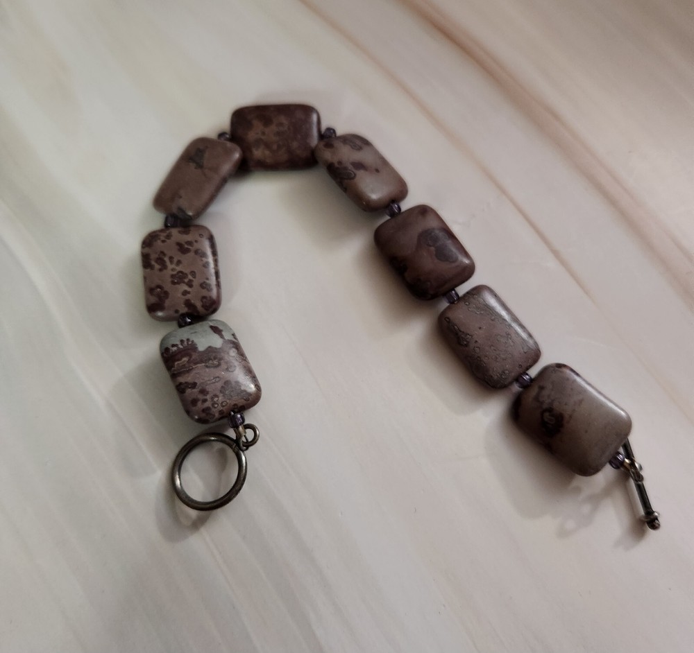 Natural Brown Jasper Crinoid Rectangular Stone Beaded Bracelet