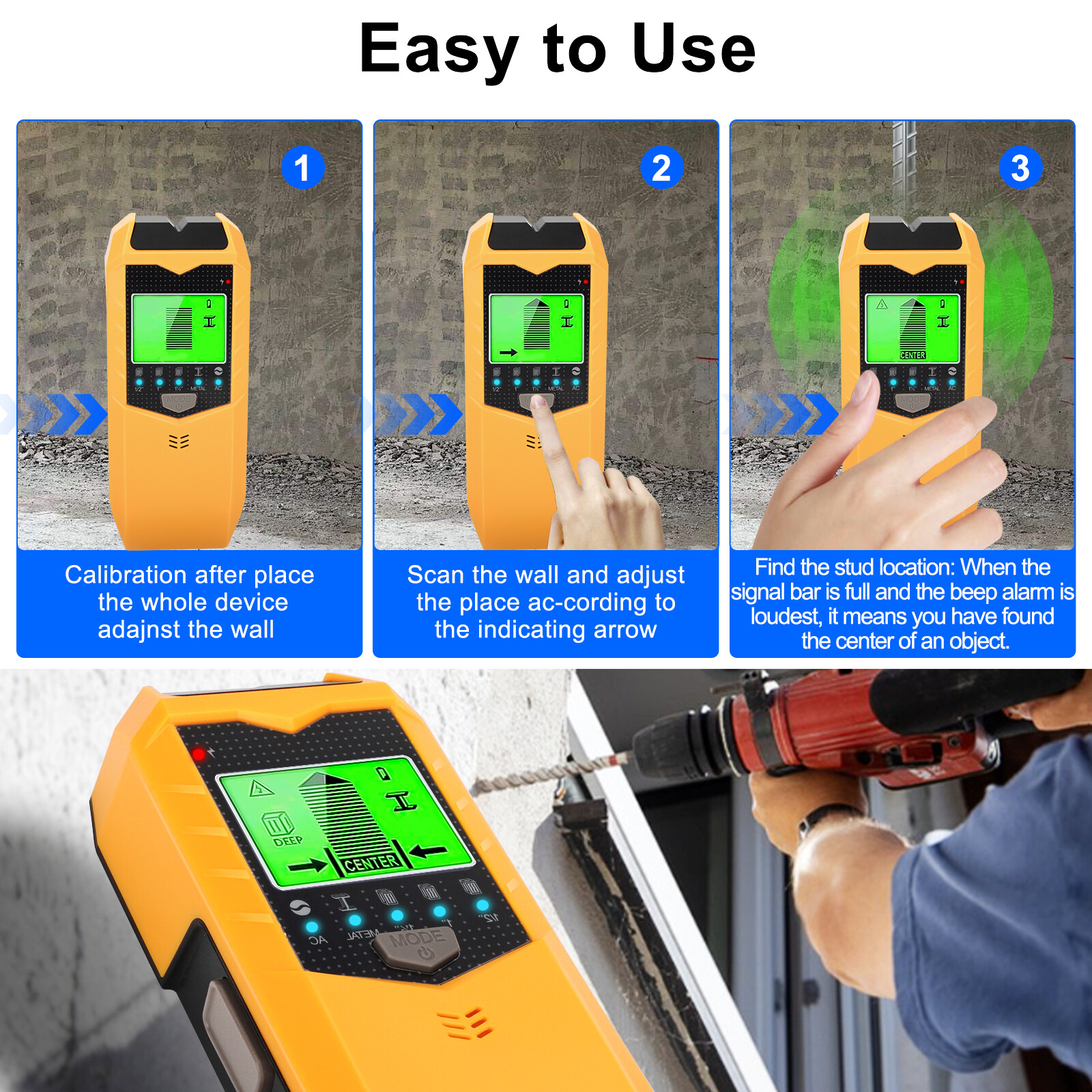 5 in 1 Stud Finder Wall Scanner LCD Display Detector for Wood AC Wire Metal Pipe