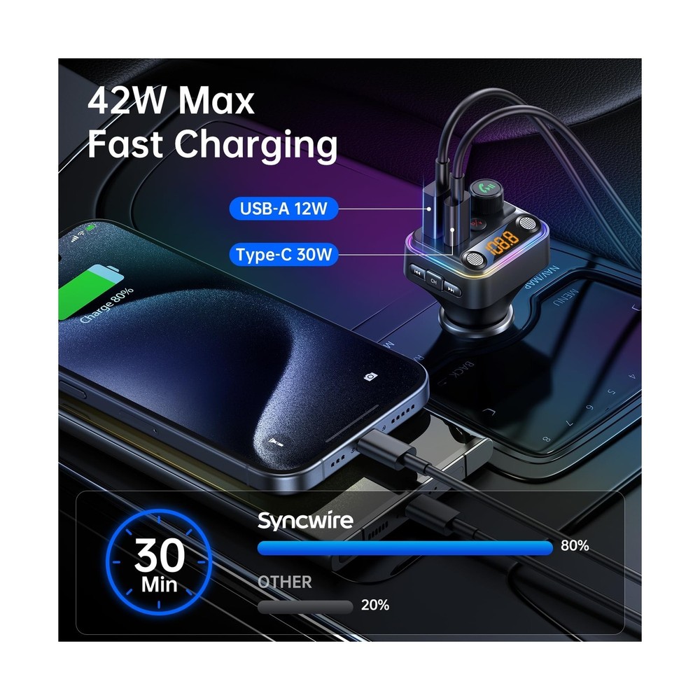 Syncwire Bluetooth 5.4 FM Transmitter Car Adapter 42W [Light Switch... Fast Ship