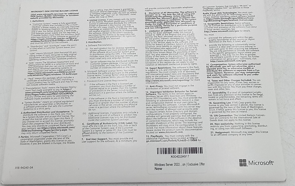 Windows Server 2022 Datacenter 64bit 16 Core DVD + PRODUCT LICENSE KEY