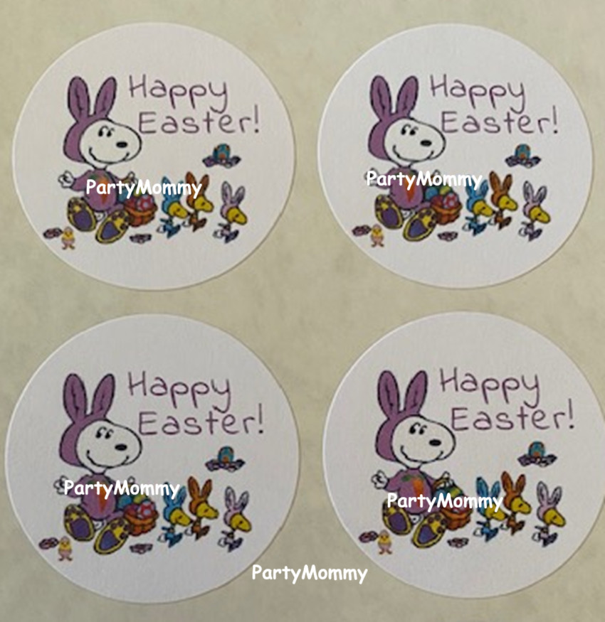 SNOOPY EASTER STICKERS, ENVELOPE SEALS, LABELS, 1.5", (30) ROUND, TAGS, BUNNY