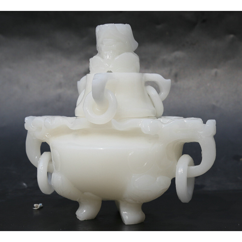 6.5" Chinese White Jade Carved Dragon Head Beast Tripodia Incense Burner Censer