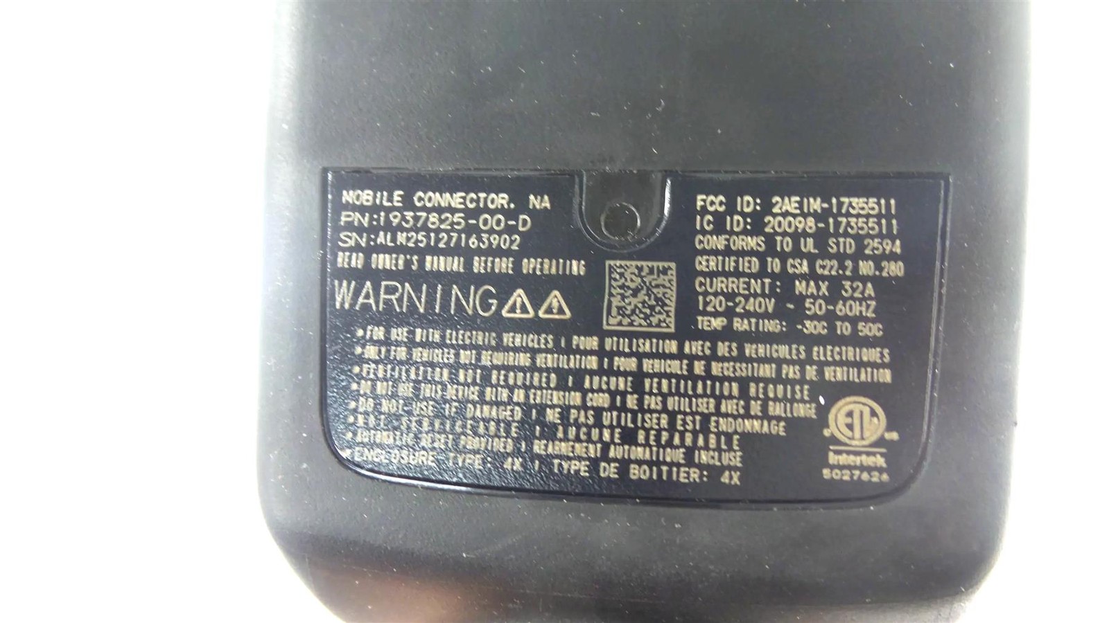 1937825‑00‑D Tesla Mobile Connector Gen 3 EV Charger 32A 120‑240V 20-ft Cable