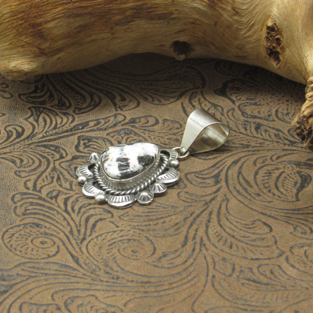 *Triangular White Buffalo Sterling Silver Hand Stamped Oxidized Pendant