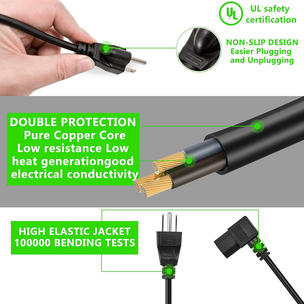 3 Prong Left Angle Power Cable 3Ft Heavy Duty AC Cables Forc13 Angle Type Cable,