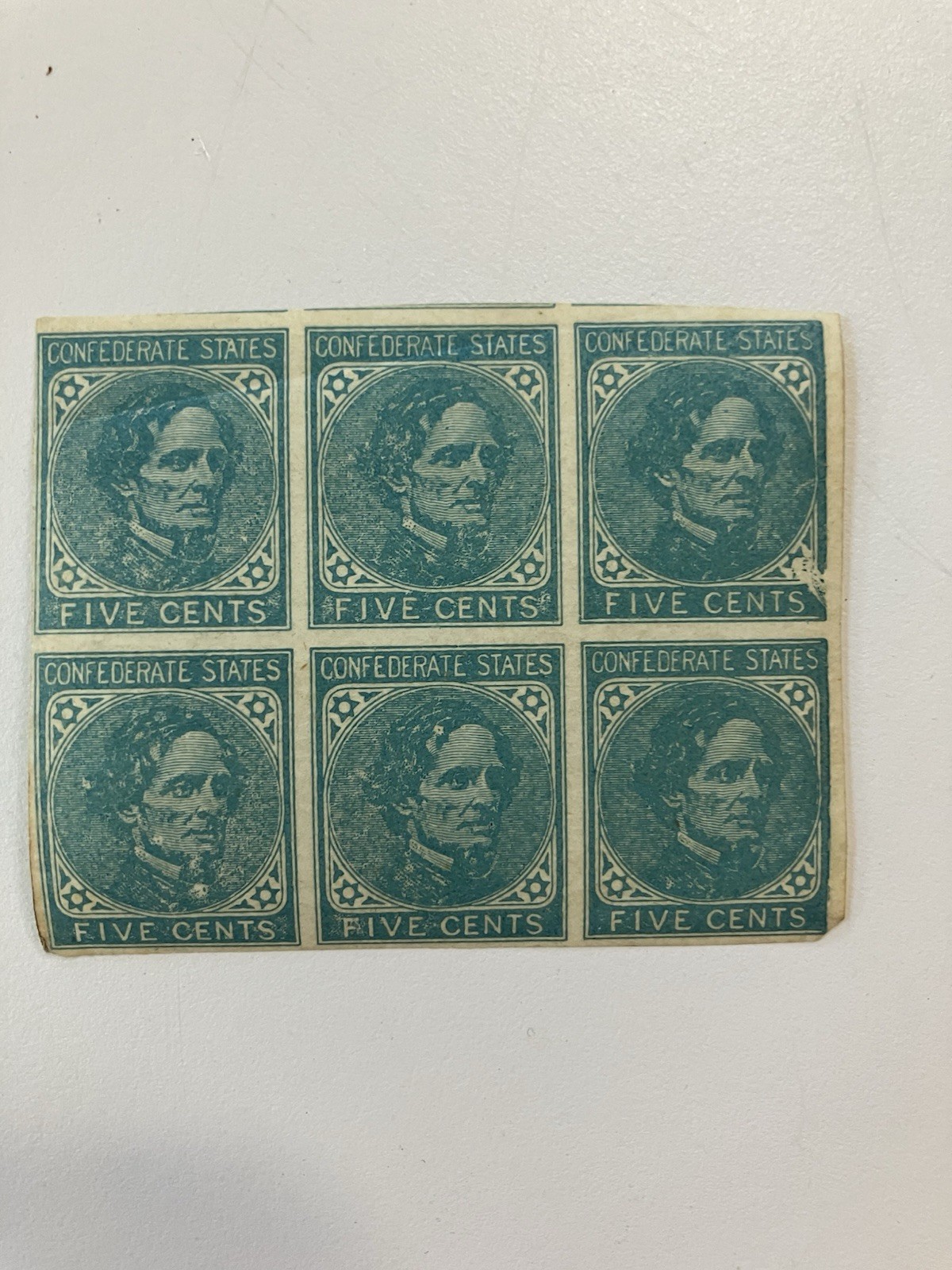 Block Of Six Confederate Five Cents Stamps