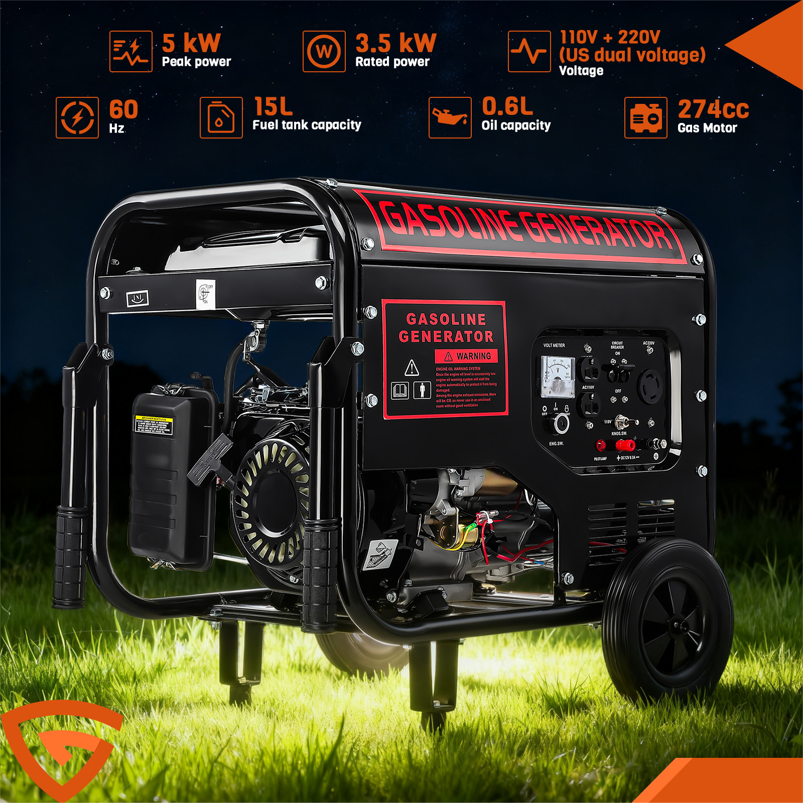 5000W Portable Inverter Generator Gas Powered Electric Start For Home Backup