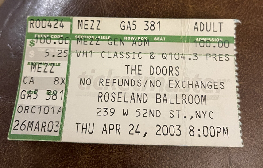 THE DOORS RARE CONCERT TICKET STUB NEW YORK, NY 04/24/2003