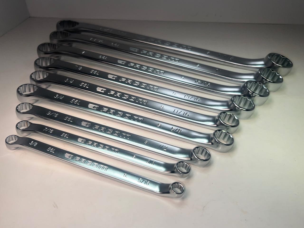 NEW Facom 56L Series 9pc 10° Offset LONG Box End SAE Wrench Set 5/16" to 1-1/4"