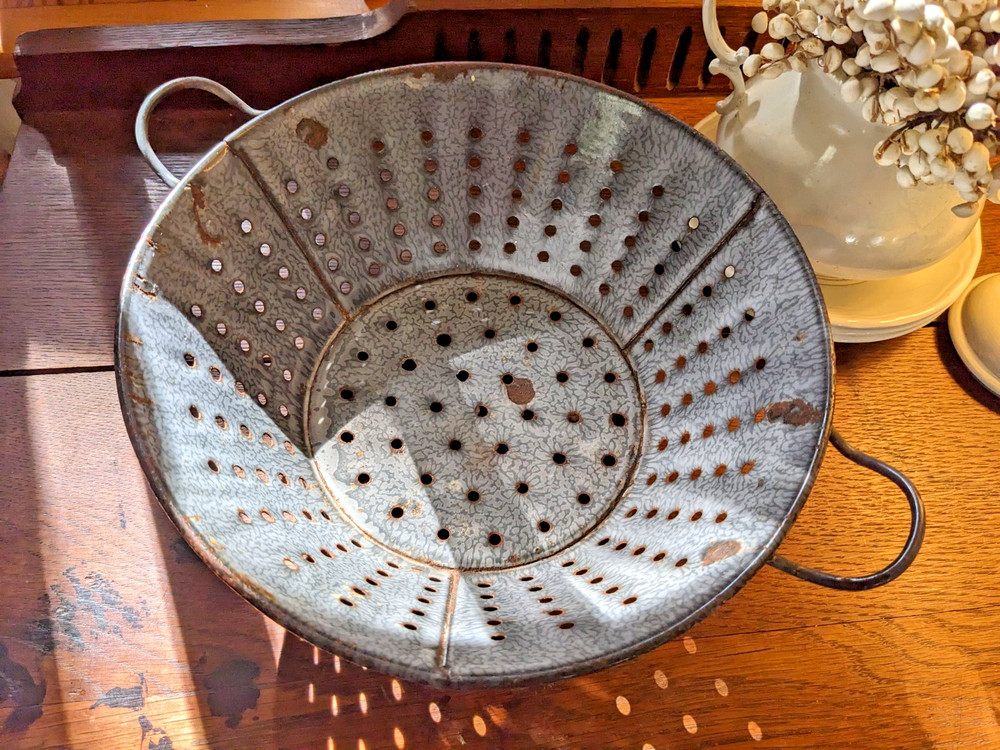 Antique Graniteware Colander Enamelware Strainer Rustic Primitive Farmhouse